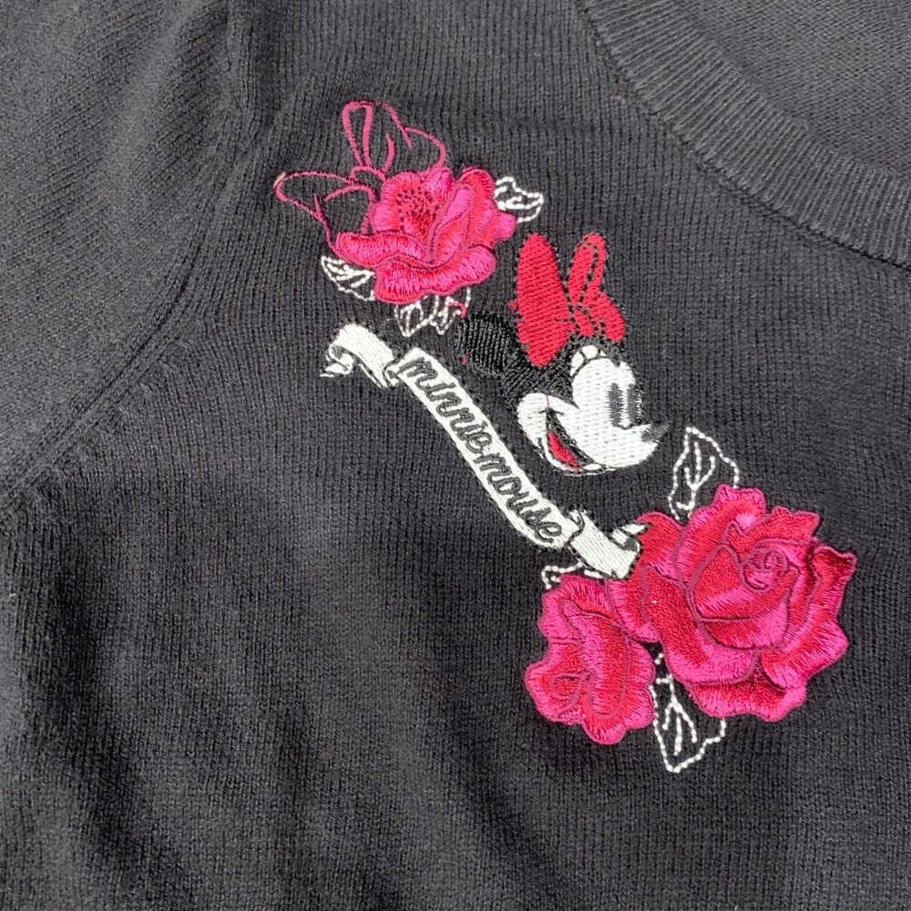 Disney Minnie Mouse Rose Embroidered Cardigan Sweater Black Womens - Picture 3 of 8